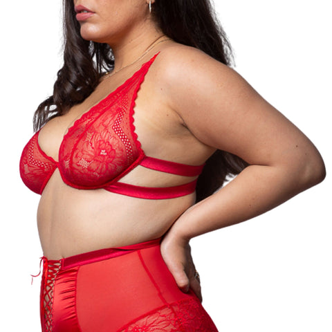 Enchantress sheer red lace plus size bralette - the luxe nude